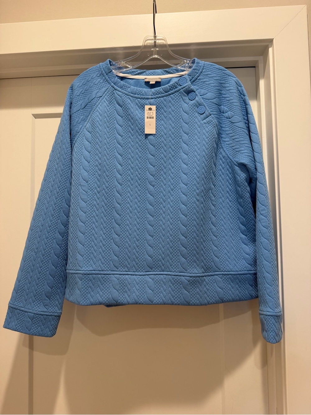 T by Talbots Light Blue Cable-Knit Crewneck Sweatshirt with Button Detail